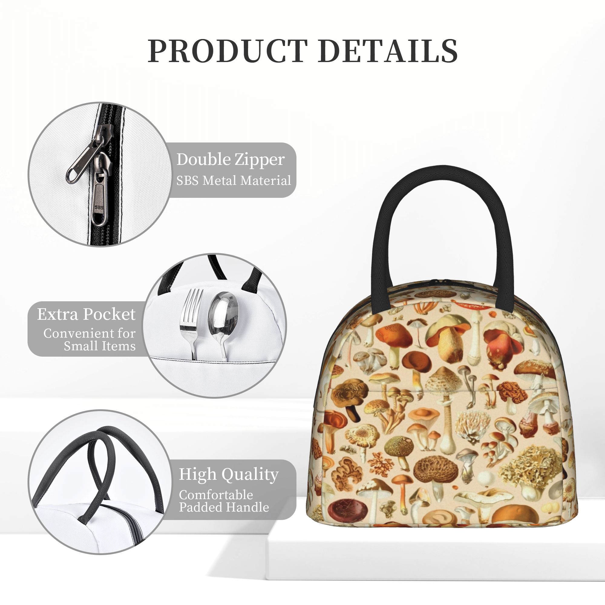 Vintage Collectible Lunch Boxes - ヴィンテージマッシュルームコレクション 保温ランチバッグ 保温バッグ 再利用可能 大型ランチボックス トートフードバッグ