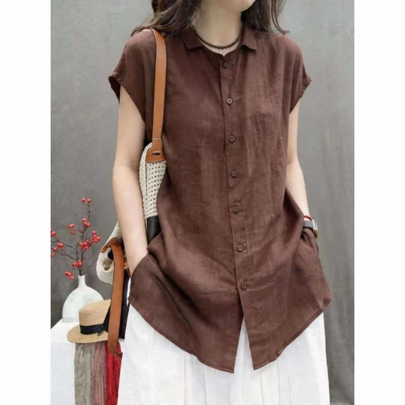 Vintage Collectible Buttons - オフィスレディ半袖ソリッドボタンシンプルブラウス女性服夏ポロネックルーズヴィンテージシャツトップスカジュアルファッション