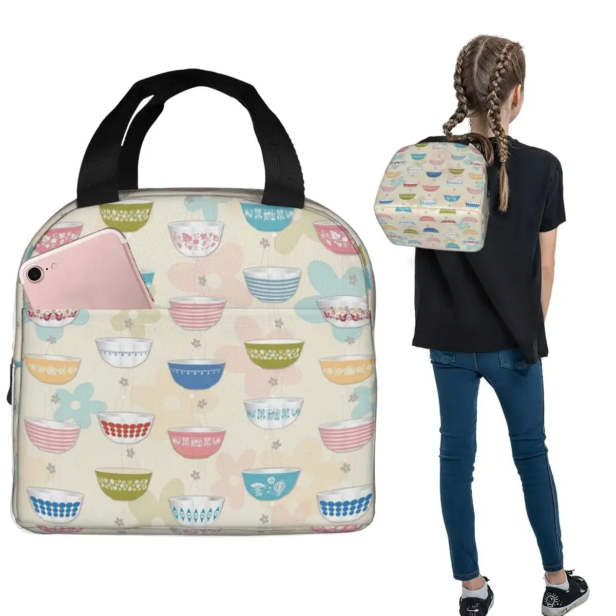 Vintage Collectible Lunch Boxes - ヴィンテージパイレックスボウルコレクション 断熱ランチバッグ 女性・子供用 ポータブルフードボックス 保温ランチボックストート