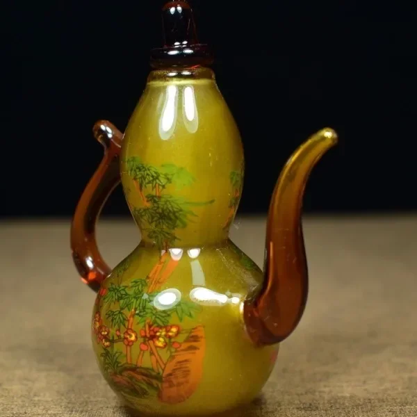 Vintage Collectible Glassware - ヴィンテージ釉薬ガラス製ひょうたん型ボトル、内部壁画入り、ユニークな工芸品、装飾品、コレクション用、家の装飾用ガラス製品