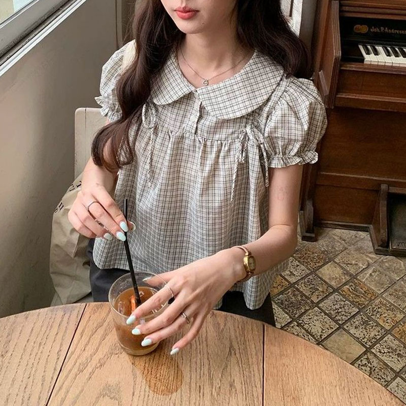 女性服プレッピースタイルドールカラー韓国シャツヴィンテージチ - Vintage Collectible Buttons のレビューと価格