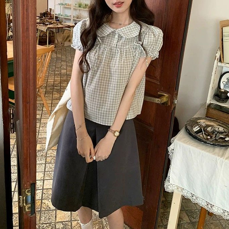 女性服プレッピースタイルドールカラー韓国シャツヴィンテージチ - Vintage Collectible Buttons のレビューと価格