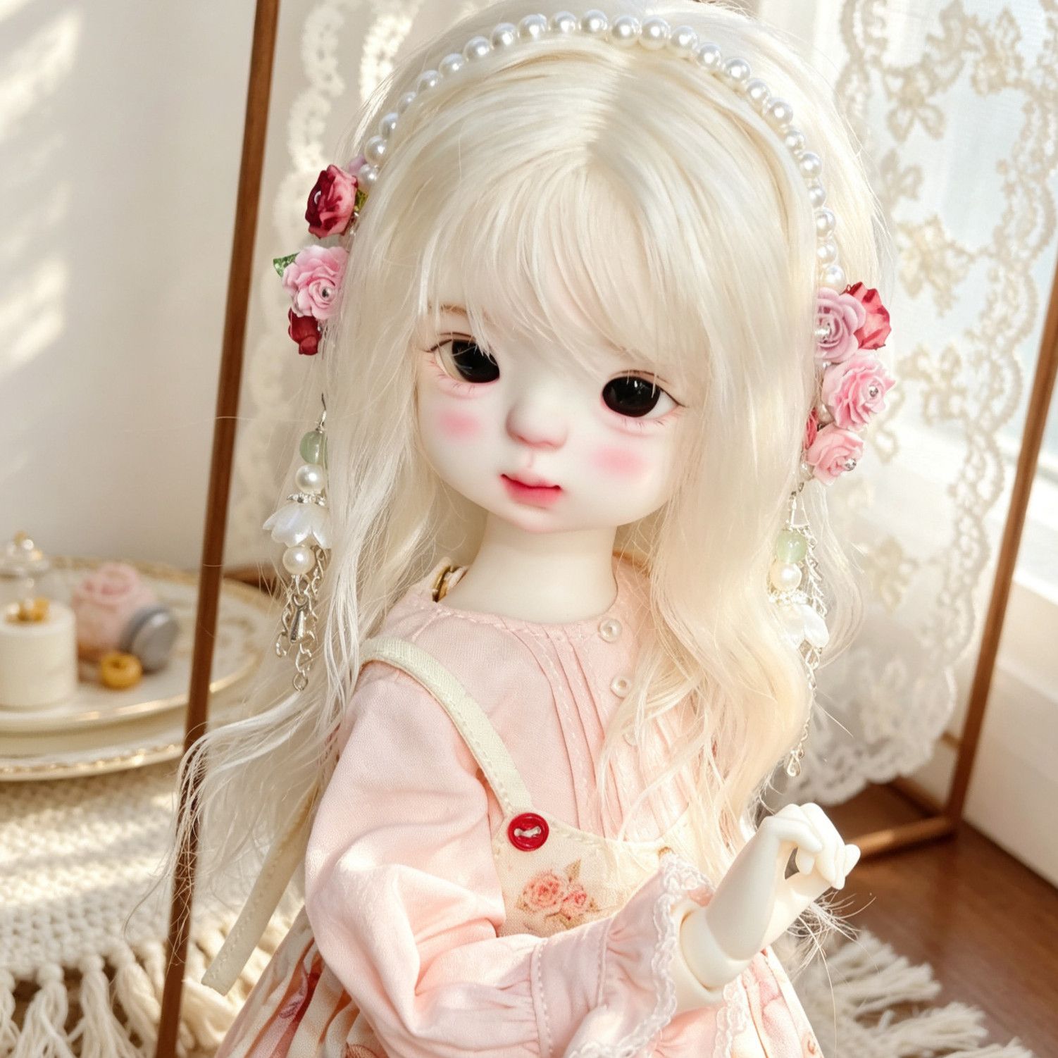手作りのパールフラワードールヘッドバンド、ロングタッセルチェ - Vintage Collectible And Vintage Dolls のレビューと価格