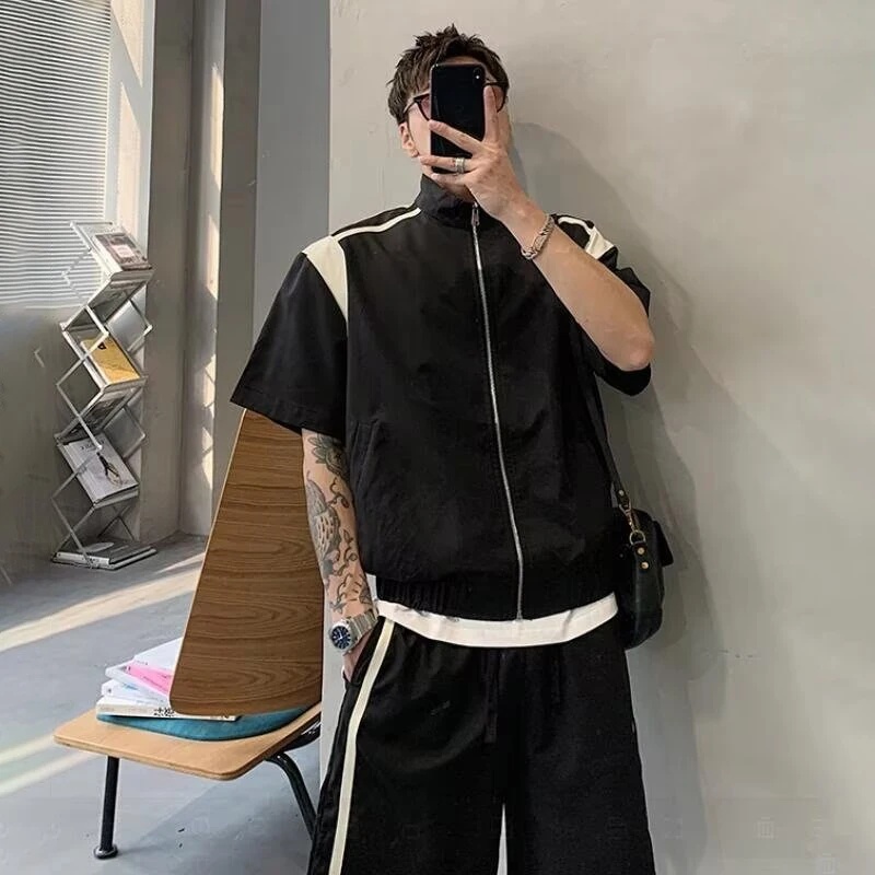 メンズカラーブロックトラックスーツ 夏用スタンドカラー半袖ジ - Vintage Zipper のレビューと価格